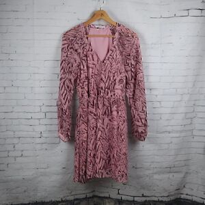 RESERVED PINK & PLUM ANIMAL PRINT WITH SILVER LONG SLEEVE V NECK MIDI DRESS